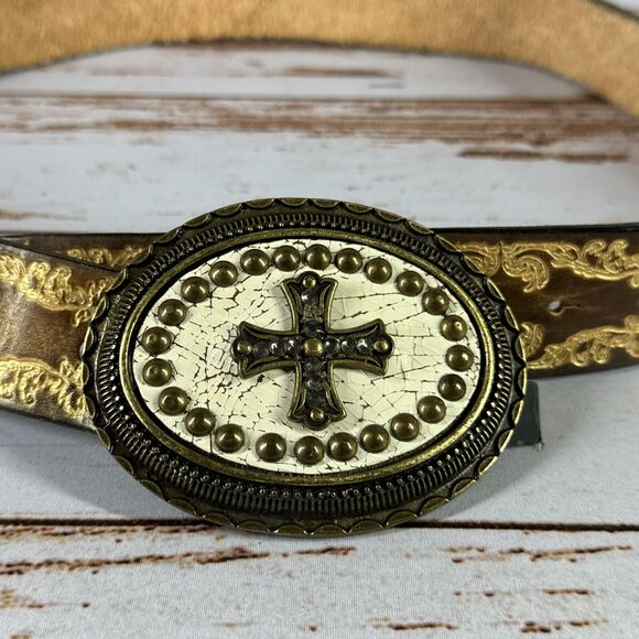 Vera Pelle Mens Leather Maltese Cross Belt Crystals Amber Buckle Italia 32” - Picture 2 of 5